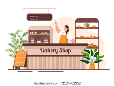 Bakery Shop Building That Sells Various Types of Bread such as White Bread, Pastry and Others All Baked in Flat Background for Poster Illustration