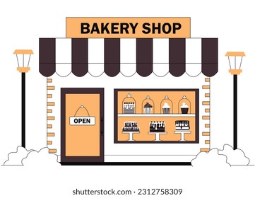 Bakery shop building vector. Showcase with cakes and sweet flour products. Small business, cafe or catering, urban infrastructure. Cakes and cupcakes at showcase. Linear flat vector illustration