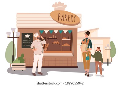 Bakery shop building web concept. Mother and daughter shopping for fresh bread and pastries at store. Baker sells his products. People scenes template. Vector illustration of characters in flat design