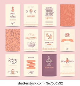 Bakery Shop Business Cards, Cafe Menu, Restaurant Banners, Food Flyers. Artistic Templates Collection With Hand Drawn Design Elements: Candy, Cake, Croissant, Pancake, Bread, Muffin, Sweets Pattern. 