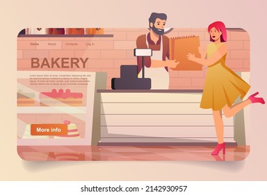 Bakery shop with buyer concept in cartoon design for landing page. Woman choose desserts in showcase and buying bread or cakes at checkout from baker. Vector illustration with people for web homepage