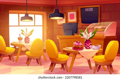 Bakery Shop, Cafe Or Coffee House With Cake On Showcase, Counter, Blackboard With Menu, Wooden Tables And Chairs. Empty Bakery Interior At Morning, Vector Cartoon Illustration