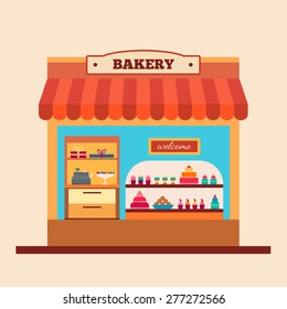 Bakery shop. Cafe and market. Coffee, cake, cookies, muffins, coffee. Flat style vector illustration.