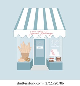 Bakery shop cafe restaurant building facade with signboard. Showcase with cakes and bread hand drawing. Flat style illustration or icon.