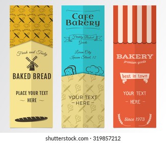 Bakery shop and cafe vertical banners collection. Banner set with fresh bread, windmill icons, logos, labels. Stylish color design. Can be use in web or typography print. Vector illustration