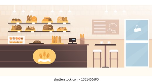 Bakery shop and cafeteria with fresh bread on display, shop interior
