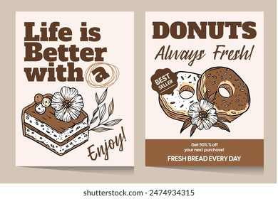 Bakery shop cake and donut poster card set. Dessert quote cafe collection vector