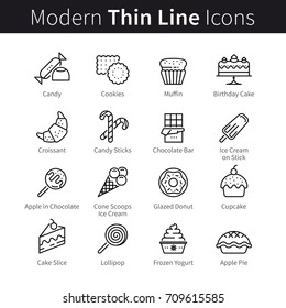 Bakery shop, cakery, cafe, coffehouse and confectionery pictogram. Sweets, baked good, dessert, pastry and candy. Modern thin line art icons. Linear style illustrations isolated on white background.