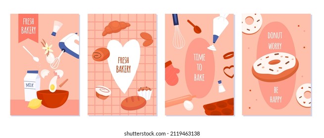 Bakery shop cards. Fresh homemade pastry ingredients banners, cooking tableware and food baking elements, sweet products posters, confectionery advertising. Vector isolated set