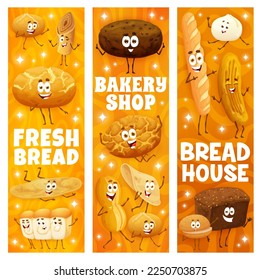 Bakery shop. Cartoon bakery, pastry and bread characters banners, vertical vector background with broa, barmbrack, tiger bread, cunape and burger bun, baguette, mantou, shokupan cute personages