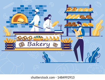 Bakery Shop with Chef in Hat Baking Bread Standing behind Counter Flat Cartoon Vector Illustration. Offering Pastries. Shelves with Cupcakes, Croissants, Pretzel. Customer Buying Products.