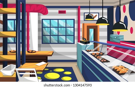 Bakery Shop Clean Room with Cake on Storefront, Ceiling Lamps, Wood Table and Chair for Vector Restaurant Interior Ideas