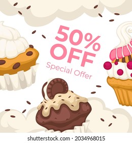 Bakery Shop Or Coffee House, Cafe Or Restaurant Special Offer For Clients. 50 Percent Off, Discount And Sale, Reduction Of Price And Cost. Cakes And Muffins With Raisins. Vector In Flat Style