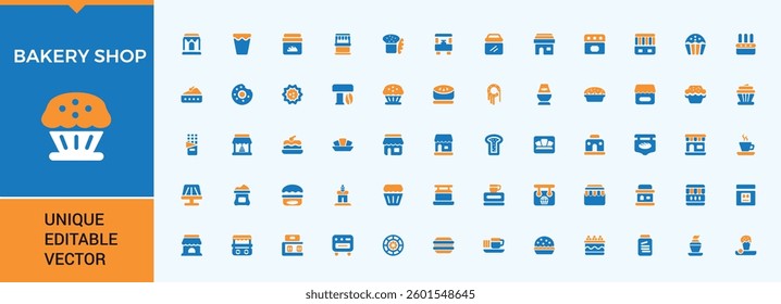 Bakery Shop colorful modern icon set. Includes flat solid symbols cook, food, pie, bake and more. Flat icons set. Food solid icon. Vector collection.