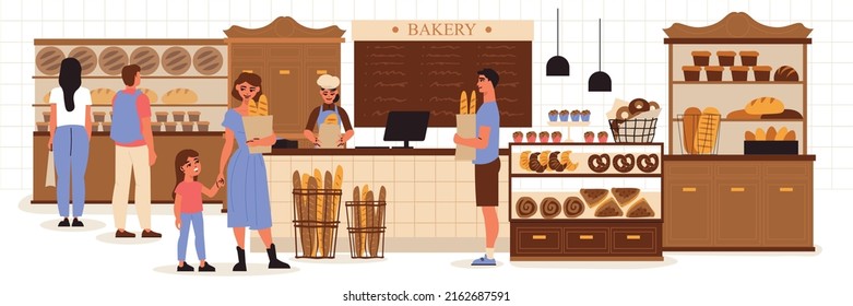 Bakery shop composition bakery with visitors and vendors and freshly baked bread vector illustration