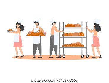 Bakery shop concept. Baker with bread and pastry products on a baking tray and white background.