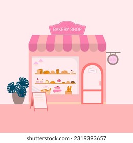 Bakery shop concept. Cake, bread, and bakery baked goods on a shelf in a pastel store with a menu board and tree.
