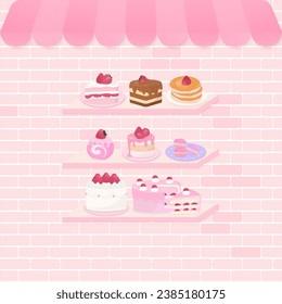 Bakery shop concept. Cake and pastry bakery on a wall shelf with a pastel brick wall background.