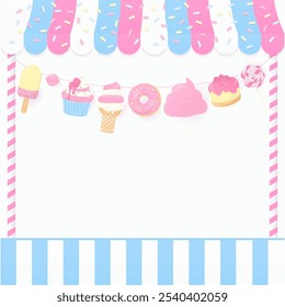 Bakery shop concept. Colorful bakery shop with dessert, candy, and sugar sprinkles on a white background.