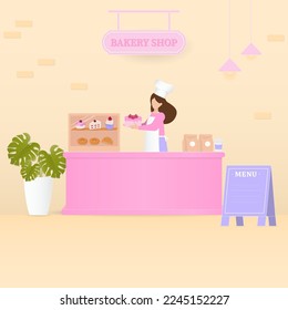 Bakery shop concept, Female chef holding a cake behind the counter with bakery display cabinet, menu board, and tree. 