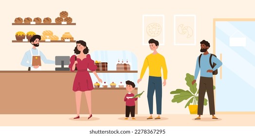 Bakery shop concept. Men and woman with children stand in line at cash register. Cashier sells cakes and pies, flour products. Small business owner or seller. Cartoon flat vector illustration