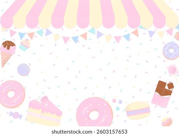 Bakery shop concept. Pastel shop and flag with dessert on a multicolor sugar sprinkles background.