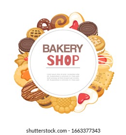 Bakery shop cookies and waffers sweet pastry circle poster cartoon vector illustration. Desserts baked cookies bakery goods poster with typography.