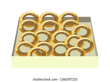 Bakery shop counter bagels pastry food buns with holes vector isolated box and baked product with sprinkles dessert or snack wheat flour and dough organic ingredients Turkish simit grocery store