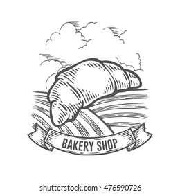 Bakery shop croissant bread badge. Monochrome vintage engraved bun, gluten organic sign isolated on white background. Sketch hand drawn retro illustration. Ribbon with text