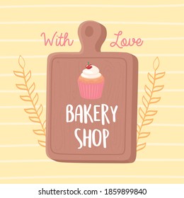 bakery shop cupcake and cutting board emblem icon vector illustration