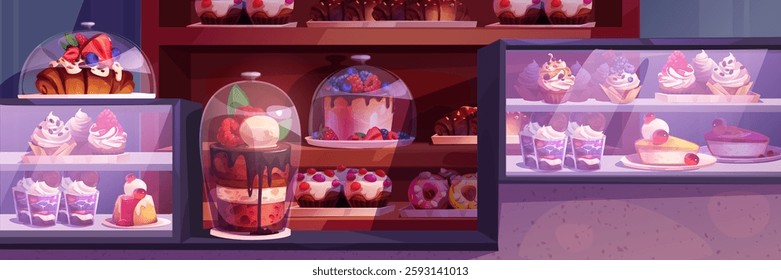 Bakery shop with cute cake on counter showcase. Cafe store with muffin, donut and cupcake on shelf. Restaurant room interior with glass display stand for vanilla and strawberry dish place in row.