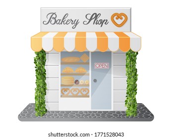 Bakery shop. Cute store on a white background. Isolated object on a white background.  Cartoon style. Object for packaging, advertisements. Vector illustration.