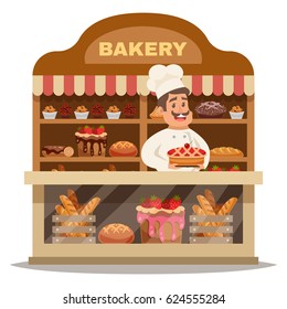 Bakery shop design concept with chef in hat standing behind the counter and offering pastries flat vector illustration 