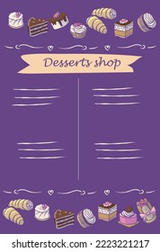 Bakery Shop Dessert menu template - cupcakes, cakes, ice-cream and cookies, hand drawn vector graphic illustration