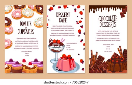 Bakery shop desserts poster template. Vector cakes, pies or cupcakes and pastry pudding tortes, biscuit cookies or chocolate muffins, cheesecake and brownie tar for cafe or patisserie