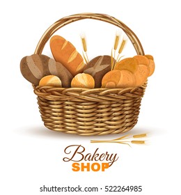 Bakery shop display traditional willow wicker basket with handle full with fresh bred realistic poster vector illustration 