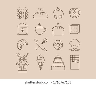 Bakery shop elements, isolated icons, sweet shop, bread, cupcake, biscuit icons vector outline icon collection