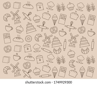 Elementos de la tienda de panadería, íconos aislados, tienda dulce, conjunto de patrones, colección de iconos de contorno vectorial