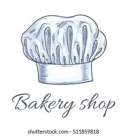 Bakery shop emblem of baker chef toque hat. Traditional chef hat with folds. Vector isolated doodle sketch label for cafe, restaurant, bakery, patisserie