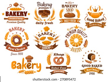Bakery shop emblem designs depicting different kinds of fresh bakery products and pastry decorated wheat ears, stars, toque, crowns and ribbon banners with various headers