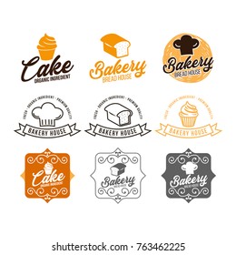 Bakery shop emblem designs depicting different kinds of fresh bakery products and pastry decorated wheat ears, stars, toque, crowns and ribbon banners with various headers