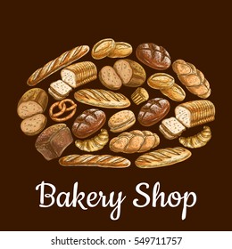 Bakery shop emblem in shape of bread loaf with vector sketch elements of bread and bakery products wheat and rye bread bricks and bagels, pretzel, fresh baked bun on brown background