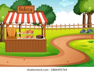 Bakery shop in empty park scene illustration