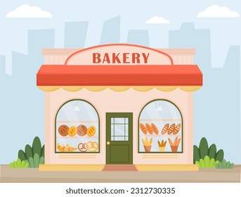 Bakery shop. Facade of a boulangerie. Bakery shop building facade on the street. Baking store, cafe, bread, pastry shop. Showcases with bread, bagel, baguette. Flat vector illustration.