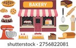 Bakery shop facade with desserts and baking tools set, cakes bread cookies pastry vector illustration isolated on clean background