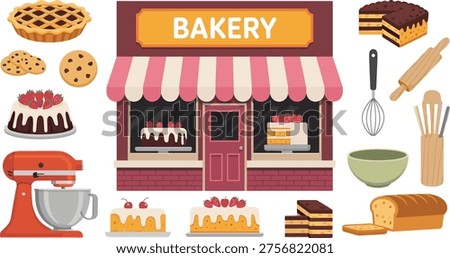 Bakery shop facade with desserts and baking tools set, cakes bread cookies pastry vector illustration isolated on clean background