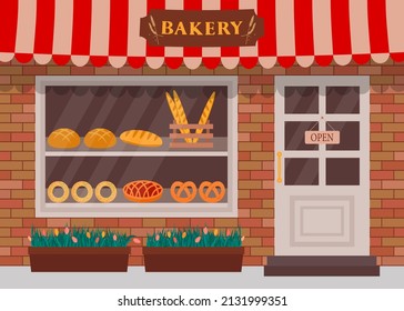 Bakery shop. Bakery facade in flat style. Showcase with fresh bread, loaf, baguette, pretzel and pie.