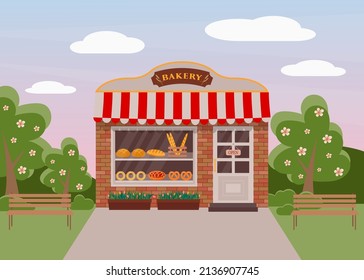 Bakery shop. Bakery facade in flat style. Showcase with fresh bread, loaf, baguette, pretzel and pie.