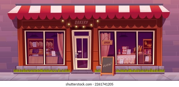 Bakery shop facade with large windows and door. Vector cartoon illustration of urban cafe with bread, sweet pastry, donuts, cookies showcase, open sign and blackboard stopper on city street sidewalk