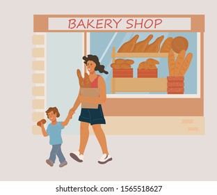Bakery shop facade with people, woman and child cartoon characters buying fresh bread. Bakery showcase window full of baked production - bread, loaf and baguette, flat vector illustration.
